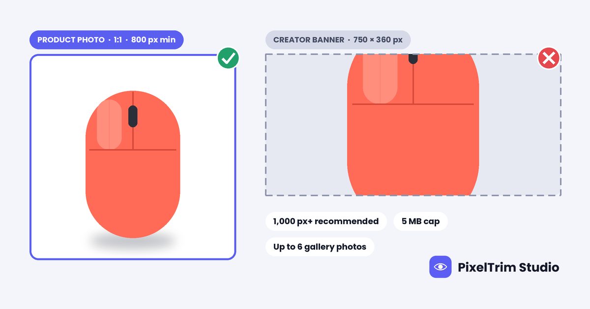 AliExpress image size guide: a coral wireless mouse in a square 1:1 product frame marked 800 px minimum, beside a wide 750 x 360 px creator banner frame that crops the same mouse