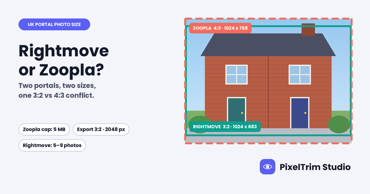 Rightmove and Zoopla photo size guide: a brick terraced house with a 3:2 1024 x 683 px frame and a wider 4:3 1024 x 768 px frame laid over the same photo