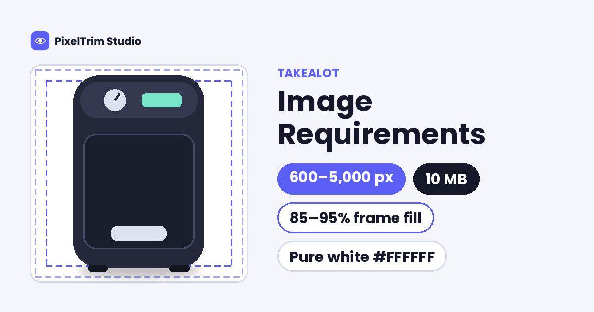 Takealot image requirements: a black air fryer filling 85 to 95 percent of a square white frame beside spec chips for 600 to 5,000 px, 10 MB and pure white