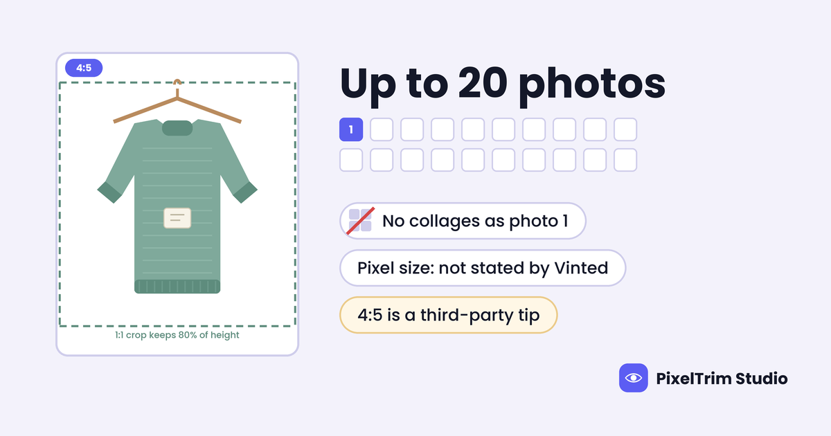 Vinted photo limits: up to 20 photos, no collages; 4:5 portrait frame with a square crop keeping 80% of the height