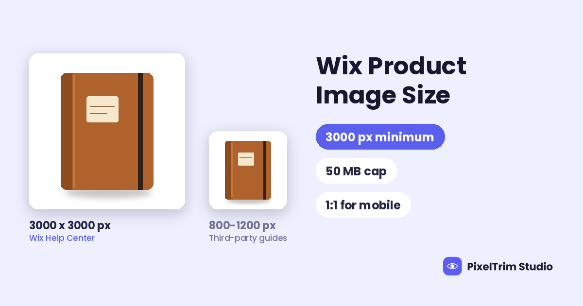 Tan notebook in a large square frame beside a small one, with chips for 3000 px minimum and 50 MB cap